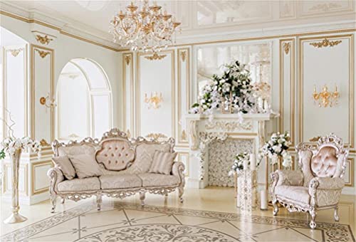 AOFOTO 5x3ft Luxury Indoor Furnishing Backdrop Royal Chandelier Chair Sofa Mantel Fireplace Flower Photography Background Elegant Aristocratic Interior Decoration Photo Studio Props Vinyl Wallpaper