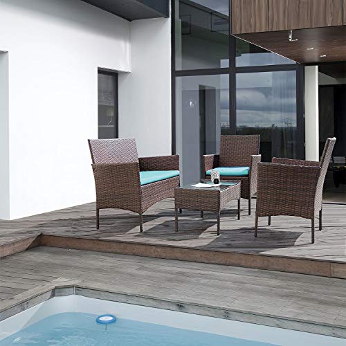 Homall 4 Pieces Patio Rattan Chair Wicker, Outdoor Indoor Use Backyard Porch Garden Poolside Balcony Furniture Sets (Blue)