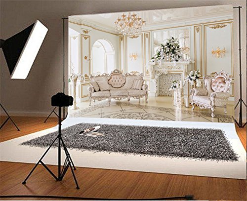 AOFOTO 5x3ft Luxury Indoor Furnishing Backdrop Royal Chandelier Chair Sofa Mantel Fireplace Flower Photography Background Elegant Aristocratic Interior Decoration Photo Studio Props Vinyl Wallpaper