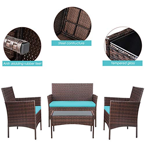 Homall 4 Pieces Patio Rattan Chair Wicker, Outdoor Indoor Use Backyard Porch Garden Poolside Balcony Furniture Sets (Blue)