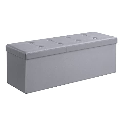 SONGMICS 43 Inches Folding Storage Ottoman Bench, Storage Chest, Footrest, Coffee Table, Padded Seat, Faux Leather, Holds up to 660 lb, Light Gray ULSF70GY, L(15 x 43 x 15 Inches)