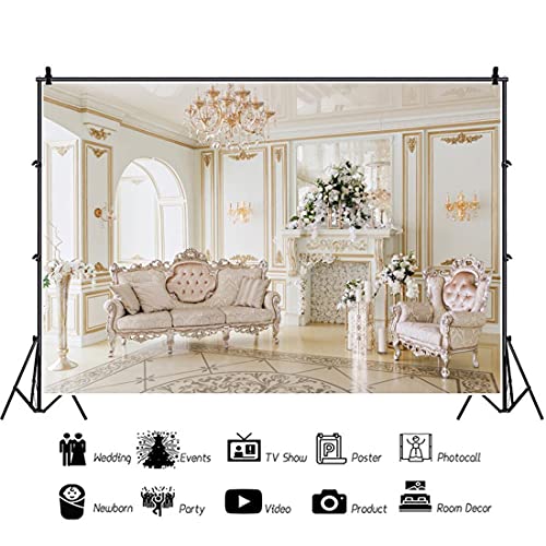 AOFOTO 5x3ft Luxury Indoor Furnishing Backdrop Royal Chandelier Chair Sofa Mantel Fireplace Flower Photography Background Elegant Aristocratic Interior Decoration Photo Studio Props Vinyl Wallpaper