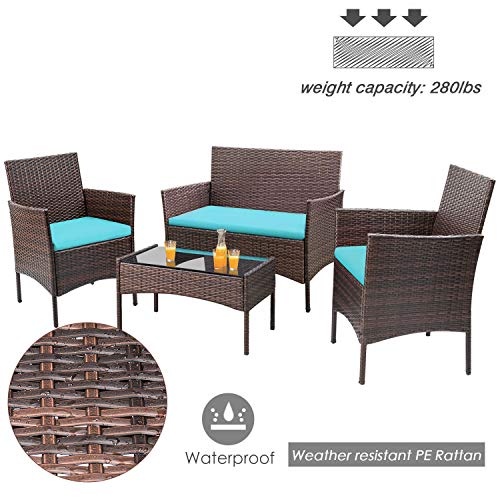 Homall 4 Pieces Patio Rattan Chair Wicker, Outdoor Indoor Use Backyard Porch Garden Poolside Balcony Furniture Sets (Blue)
