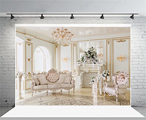AOFOTO 5x3ft Luxury Indoor Furnishing Backdrop Royal Chandelier Chair Sofa Mantel Fireplace Flower Photography Background Elegant Aristocratic Interior Decoration Photo Studio Props Vinyl Wallpaper