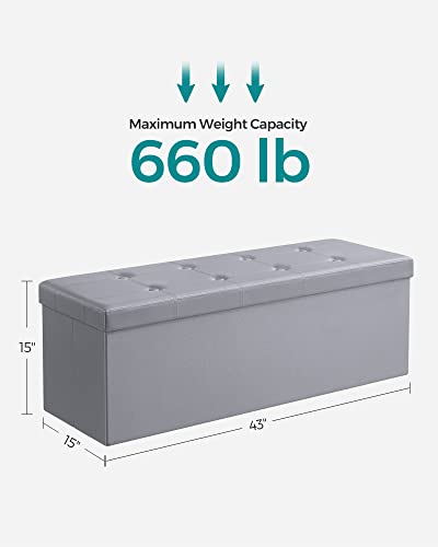 SONGMICS 43 Inches Folding Storage Ottoman Bench, Storage Chest, Footrest, Coffee Table, Padded Seat, Faux Leather, Holds up to 660 lb, Light Gray ULSF70GY, L(15 x 43 x 15 Inches)