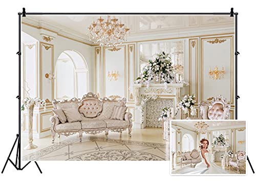 AOFOTO 5x3ft Luxury Indoor Furnishing Backdrop Royal Chandelier Chair Sofa Mantel Fireplace Flower Photography Background Elegant Aristocratic Interior Decoration Photo Studio Props Vinyl Wallpaper