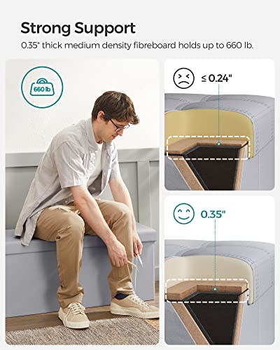 SONGMICS 43 Inches Folding Storage Ottoman Bench, Storage Chest, Footrest, Coffee Table, Padded Seat, Faux Leather, Holds up to 660 lb, Light Gray ULSF70GY, L(15 x 43 x 15 Inches)