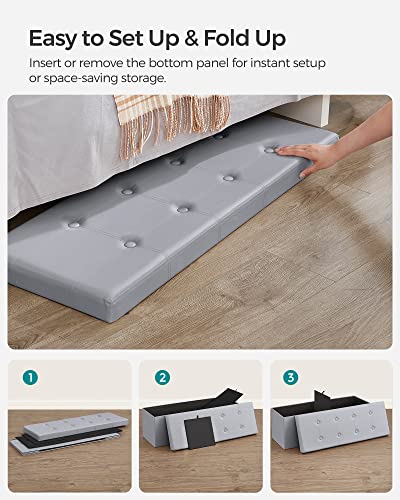 SONGMICS 43 Inches Folding Storage Ottoman Bench, Storage Chest, Footrest, Coffee Table, Padded Seat, Faux Leather, Holds up to 660 lb, Light Gray ULSF70GY, L(15 x 43 x 15 Inches)