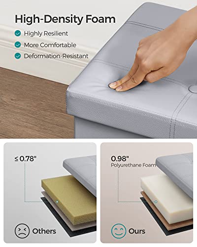 SONGMICS 43 Inches Folding Storage Ottoman Bench, Storage Chest, Footrest, Coffee Table, Padded Seat, Faux Leather, Holds up to 660 lb, Light Gray ULSF70GY, L(15 x 43 x 15 Inches)