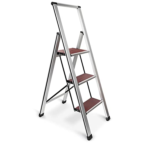 Step Ladder 3 Step Folding, Decorative - Beautiful Mahogany & Silver Aluminum, Ultra Slim Profile, Anti Slip Steps, Sturdy-Portable for Home, Office, Kitchen, Photography Use,by SORFEY