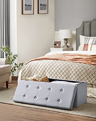 SONGMICS 43 Inches Folding Storage Ottoman Bench, Storage Chest, Footrest, Coffee Table, Padded Seat, Faux Leather, Holds up to 660 lb, Light Gray ULSF70GY, L(15 x 43 x 15 Inches)
