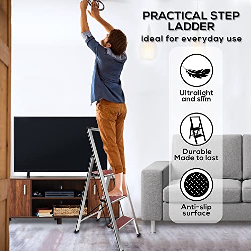 Step Ladder 3 Step Folding, Decorative - Beautiful Mahogany & Silver Aluminum, Ultra Slim Profile, Anti Slip Steps, Sturdy-Portable for Home, Office, Kitchen, Photography Use,by SORFEY