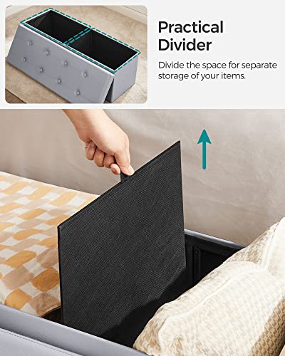 SONGMICS 43 Inches Folding Storage Ottoman Bench, Storage Chest, Footrest, Coffee Table, Padded Seat, Faux Leather, Holds up to 660 lb, Light Gray ULSF70GY, L(15 x 43 x 15 Inches)