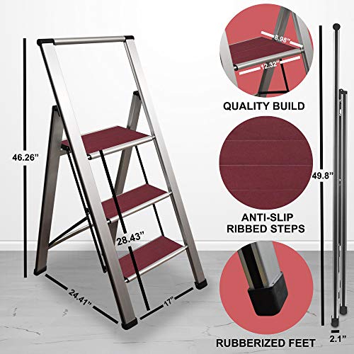 Step Ladder 3 Step Folding, Decorative - Beautiful Mahogany & Silver Aluminum, Ultra Slim Profile, Anti Slip Steps, Sturdy-Portable for Home, Office, Kitchen, Photography Use,by SORFEY