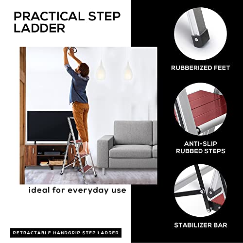 Step Ladder 3 Step Folding, Decorative - Beautiful Mahogany & Silver Aluminum, Ultra Slim Profile, Anti Slip Steps, Sturdy-Portable for Home, Office, Kitchen, Photography Use,by SORFEY