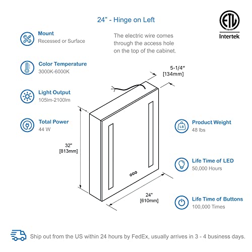 Blossom Recessed or Surface 24 Inch LED Mirror Medicine Cabinet with Lights, LED Medicine Cabinet with Defogger, Dimmer, Outlets & USB Ports (24x32/Left Hinge)