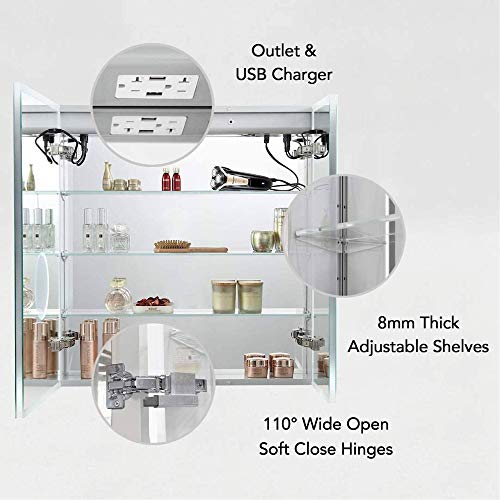 Blossom Recessed or Surface LED Mirror Medicine Cabinet with Lights, LED Medicine Cabinet w/Defogger, Dimmer, 3X Makeup Mirror, Outlets & USB (30x32/Zoom Mirror)