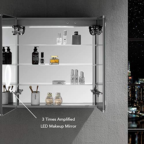 Blossom Recessed or Surface LED Mirror Medicine Cabinet with Lights, LED Medicine Cabinet w/Defogger, Dimmer, 3X Makeup Mirror, Outlets & USB (30x32/Zoom Mirror)