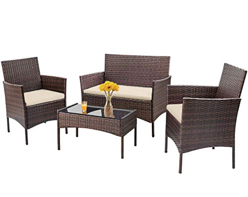 Patio Furniture Set 4 Piece Outdoor Wicker Sofas Rattan Chair Wicker Conversation Set Coffee Table Bistro Sets for Pool Backyard Lawn (Brown)