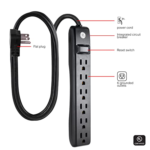 GE 6-Outlet Power Strip, 7 Ft Power Cord, Flat Plug, 3 Prong Outlet, UL Listed, Black