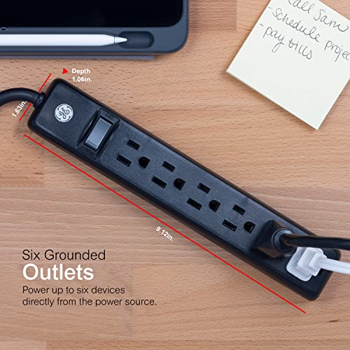GE 6-Outlet Power Strip, 7 Ft Power Cord, Flat Plug, 3 Prong Outlet, UL Listed, Black