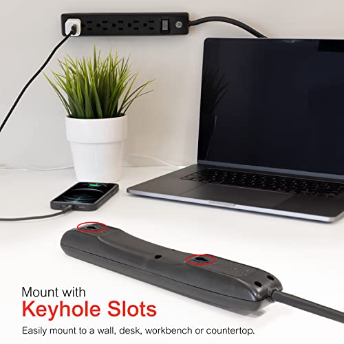 GE 6-Outlet Power Strip, 7 Ft Power Cord, Flat Plug, 3 Prong Outlet, UL Listed, Black