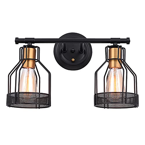 Pauwer 2 Light Industrial Bathroom Vanity Light Farmhouse Metal Cage Wall Sconce Black Bathroom Light Fixture Edison Vintage Wall Light Fixture for Bathroom Vanity Mirror Cabinet