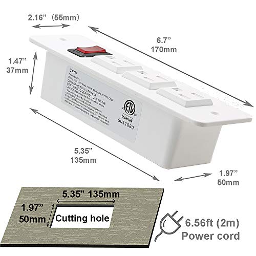 Recessed Power Strip Countertop Power Grommet Desk Mountable Power Strip Behind Drawer Outlets for Cabinet Sofa Shelf UL/ETL Certificated White