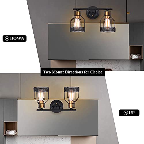 Pauwer 2 Light Industrial Bathroom Vanity Light Farmhouse Metal Cage Wall Sconce Black Bathroom Light Fixture Edison Vintage Wall Light Fixture for Bathroom Vanity Mirror Cabinet