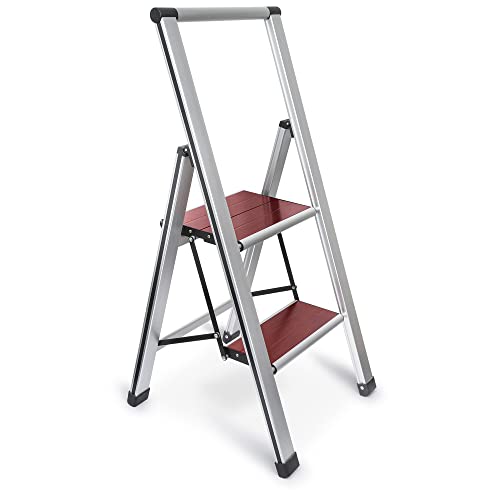 Step Ladder 2 Step Folding, Decorative - Beautiful Mahogany & Silver Aluminum, Ultra Slim Profile, Anti Slip Steps, Sturdy-Portable for Home, Office, Kitchen, Photography Use,by SORFEY