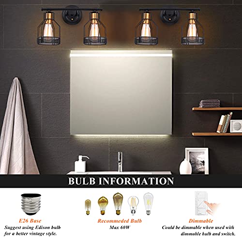 Pauwer 2 Light Industrial Bathroom Vanity Light Farmhouse Metal Cage Wall Sconce Black Bathroom Light Fixture Edison Vintage Wall Light Fixture for Bathroom Vanity Mirror Cabinet
