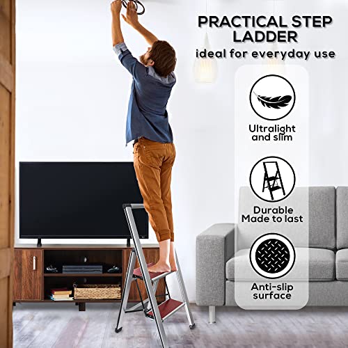 Step Ladder 2 Step Folding, Decorative - Beautiful Mahogany & Silver Aluminum, Ultra Slim Profile, Anti Slip Steps, Sturdy-Portable for Home, Office, Kitchen, Photography Use,by SORFEY