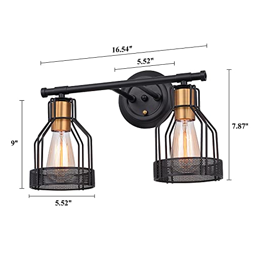 Pauwer 2 Light Industrial Bathroom Vanity Light Farmhouse Metal Cage Wall Sconce Black Bathroom Light Fixture Edison Vintage Wall Light Fixture for Bathroom Vanity Mirror Cabinet
