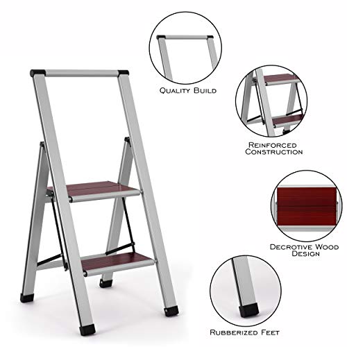 Step Ladder 2 Step Folding, Decorative - Beautiful Mahogany & Silver Aluminum, Ultra Slim Profile, Anti Slip Steps, Sturdy-Portable for Home, Office, Kitchen, Photography Use,by SORFEY