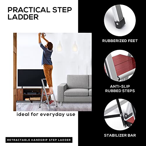 Step Ladder 2 Step Folding, Decorative - Beautiful Mahogany & Silver Aluminum, Ultra Slim Profile, Anti Slip Steps, Sturdy-Portable for Home, Office, Kitchen, Photography Use,by SORFEY