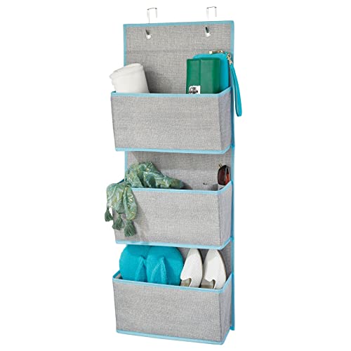 mDesign Fabric Hanging Organizer for Over Door Storage in Bedroom/Hallway Closets, 3 Pocket Organizer Caddy, Hooks for Linens, Clothing, Accessories, Textured Print, Lido Collection, Gray/Teal