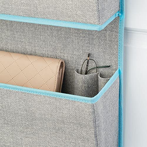mDesign Fabric Hanging Organizer for Over Door Storage in Bedroom/Hallway Closets, 3 Pocket Organizer Caddy, Hooks for Linens, Clothing, Accessories, Textured Print, Lido Collection, Gray/Teal
