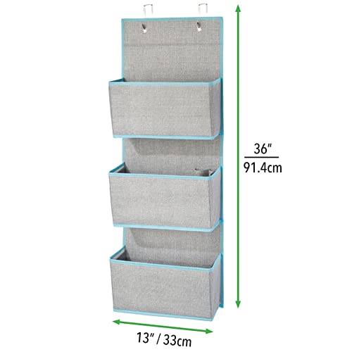 mDesign Fabric Hanging Organizer for Over Door Storage in Bedroom/Hallway Closets, 3 Pocket Organizer Caddy, Hooks for Linens, Clothing, Accessories, Textured Print, Lido Collection, Gray/Teal