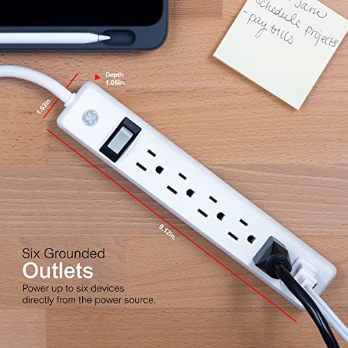 GE 6-Outlet Power Strip, 12 Ft Extension Cord, Flat Plug, Grounded, Integrated Circuit Breaker, 3-Prong, Wall Mount, UL Listed, White, 45195