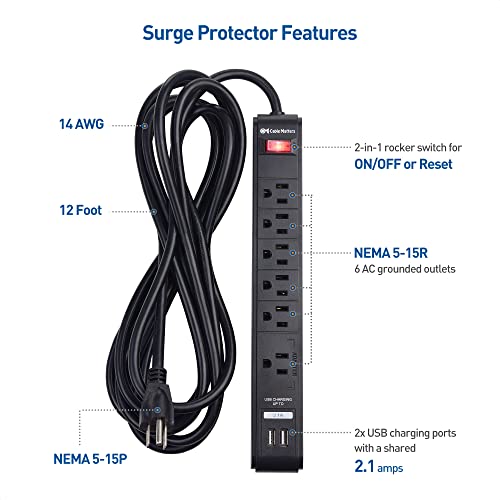 Cable Matters 2-Pack 6 Outlet Surge Protector Power Strip with USB, 12 ft Long Extension Cord (Surge Protector with USB Ports) in Black