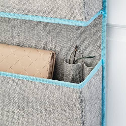 mDesign Fabric Hanging Organizer for Over Door Storage in Bedroom/Hallway Closets, 3 Pocket Organizer Caddy, Hooks for Linens, Clothing, Accessories, Textured Print, Lido Collection, Gray/Teal