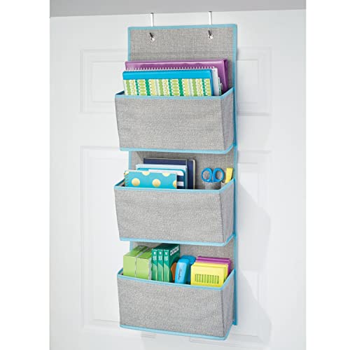 mDesign Fabric Hanging Organizer for Over Door Storage in Bedroom/Hallway Closets, 3 Pocket Organizer Caddy, Hooks for Linens, Clothing, Accessories, Textured Print, Lido Collection, Gray/Teal