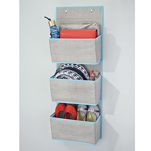 mDesign Fabric Hanging Organizer for Over Door Storage in Bedroom/Hallway Closets, 3 Pocket Organizer Caddy, Hooks for Linens, Clothing, Accessories, Textured Print, Lido Collection, Gray/Teal