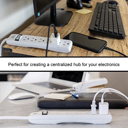 GE 6-Outlet Power Strip, 12 Ft Extension Cord, Flat Plug, Grounded, Integrated Circuit Breaker, 3-Prong, Wall Mount, UL Listed, White, 45195