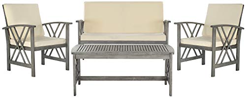 SAFAVIEH Outdoor Collection Fontana Grey Wash/ Beige 4-Piece Conversation Patio Set with Cushions