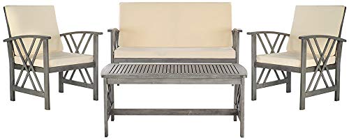 SAFAVIEH Outdoor Collection Fontana Grey Wash/ Beige 4-Piece Conversation Patio Set with Cushions