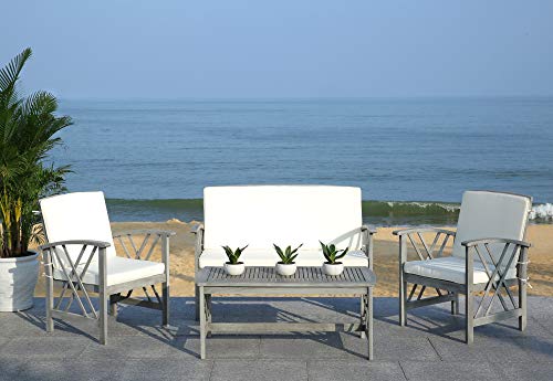 SAFAVIEH Outdoor Collection Fontana Grey Wash/ Beige 4-Piece Conversation Patio Set with Cushions