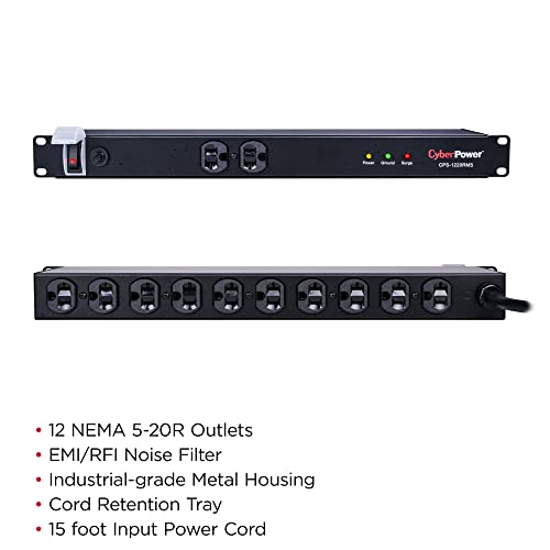 CyberPower CPS1220RMS Surge Protector, 120V/20A, 12 Outlets, 15ft Power Cord, 1U Rackmount, Black