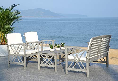 SAFAVIEH Outdoor Collection Fontana Grey Wash/ Beige 4-Piece Conversation Patio Set with Cushions