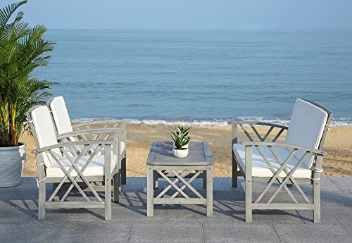 SAFAVIEH Outdoor Collection Fontana Grey Wash/ Beige 4-Piece Conversation Patio Set with Cushions